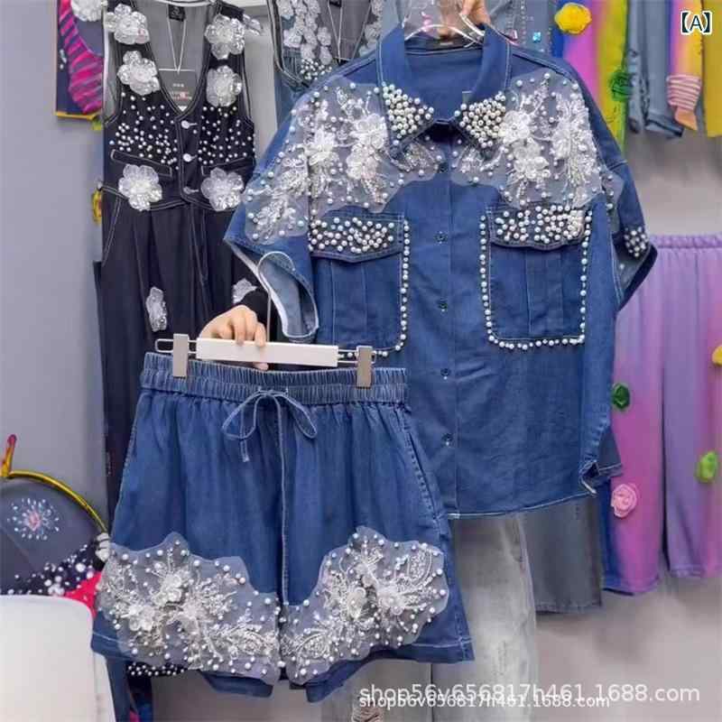 セットアップ レディース 上下セット デニム シャツ 半袖 ブラウス ショートパンツ 短パン ビジュー ラインストーン 重厚感 欧米 おしゃれ スタイルアップ 着痩せ ゆったり 体型カバー カジュアル お腹周り カバー 大きいサイズ プラスサイズ 春夏｜リバーパディ