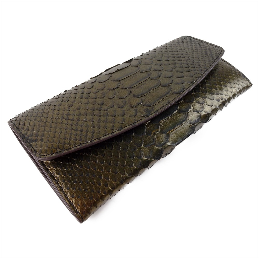新品 パイソンレザー 長財布 財布 メタリック ゴールド 光沢 グリーン 外ポケット ブラウン 小銭入れ 茶 緑 レザーウォレット ヘビ革 本革 ロングウォレット メンズ 内側キャンバス カード入れ 4524｜RiVi-works
