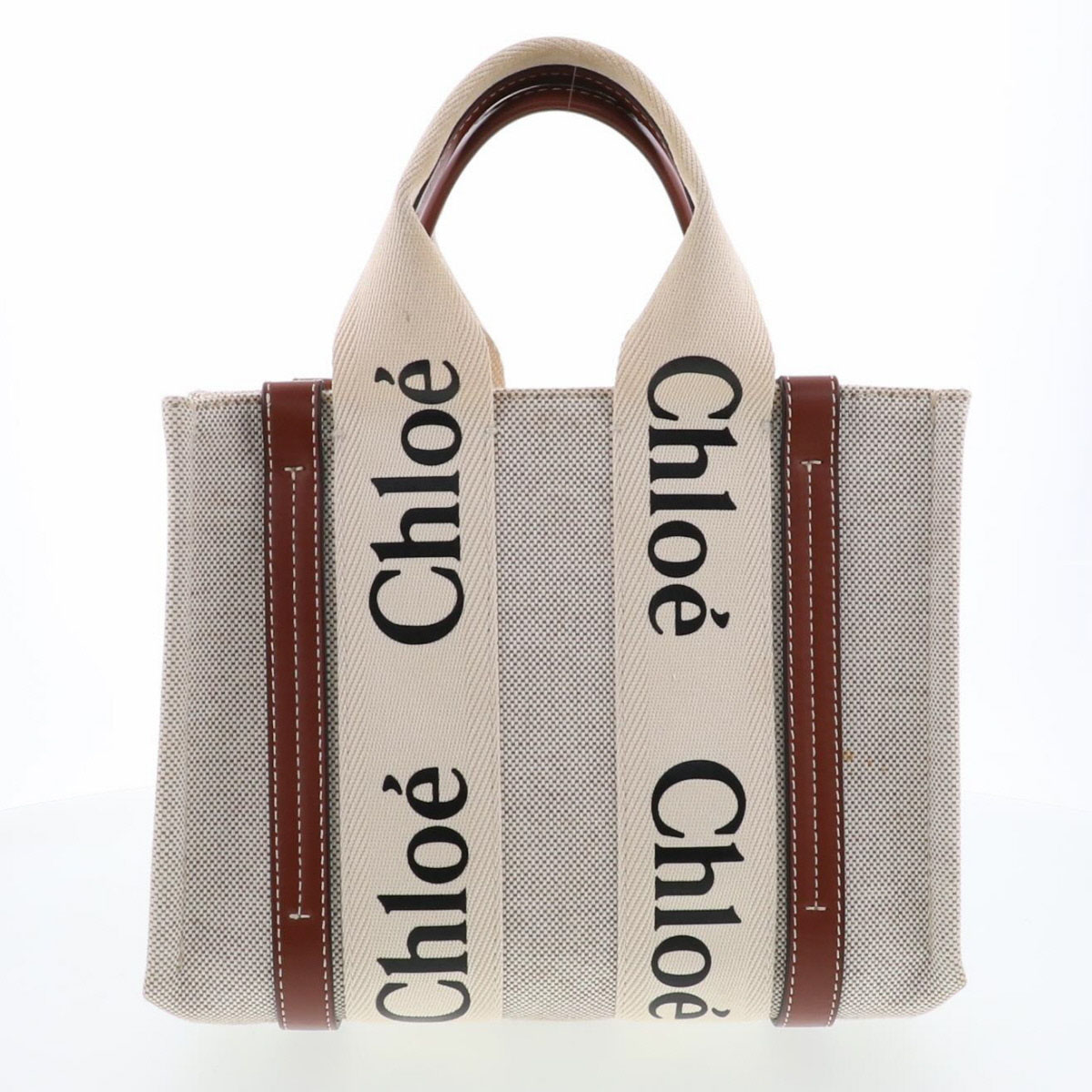 【値下げ】 Chloe クロエ ウッディ スモール トートバッグ CHC22A397 キャンバス カーフ ポリエステル ホワイト ブラウン レディース【中古】