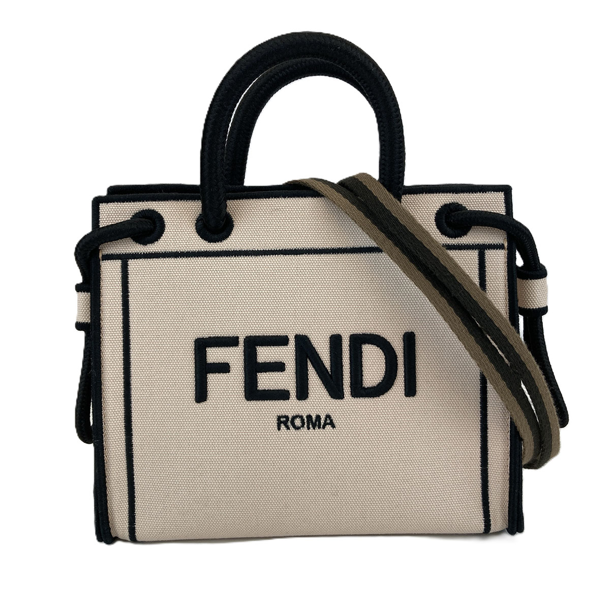 FENDI フェンディ ロゴ ローマ ショッパー トート 2WAY ショルダーバッグ 8BH380 キャンバス ホワイト レディース【中古】