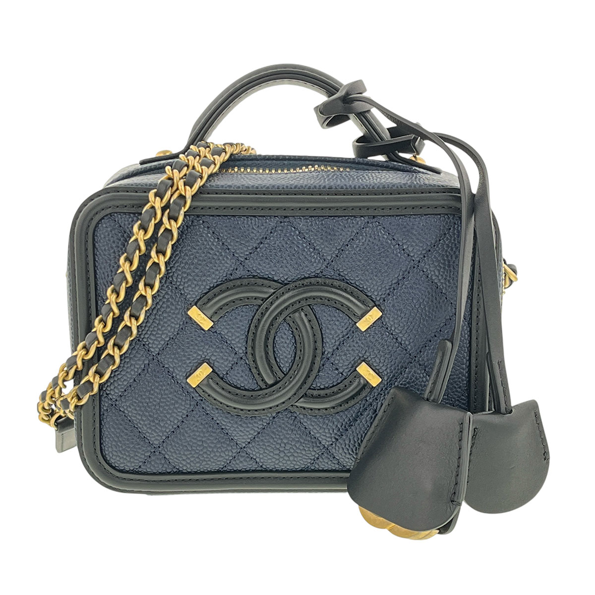 CHANEL シャネル ココマーク キルティング CCフィリグリー 2WAY バニティバッグ ショルダーバッグ キャビアスキン ネイビー ブラック レディース【中古】
