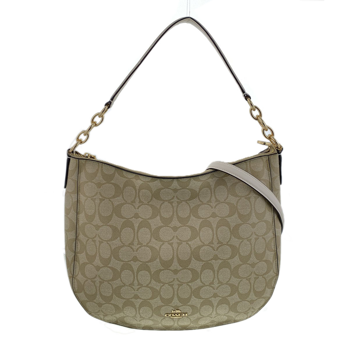 COACH コーチ 2WAY シグネチャー エル ホーボー ショルダーバッグ F39527 PVCコーティングキャンバス レザー ベージュ ホワイト レディース【中古】