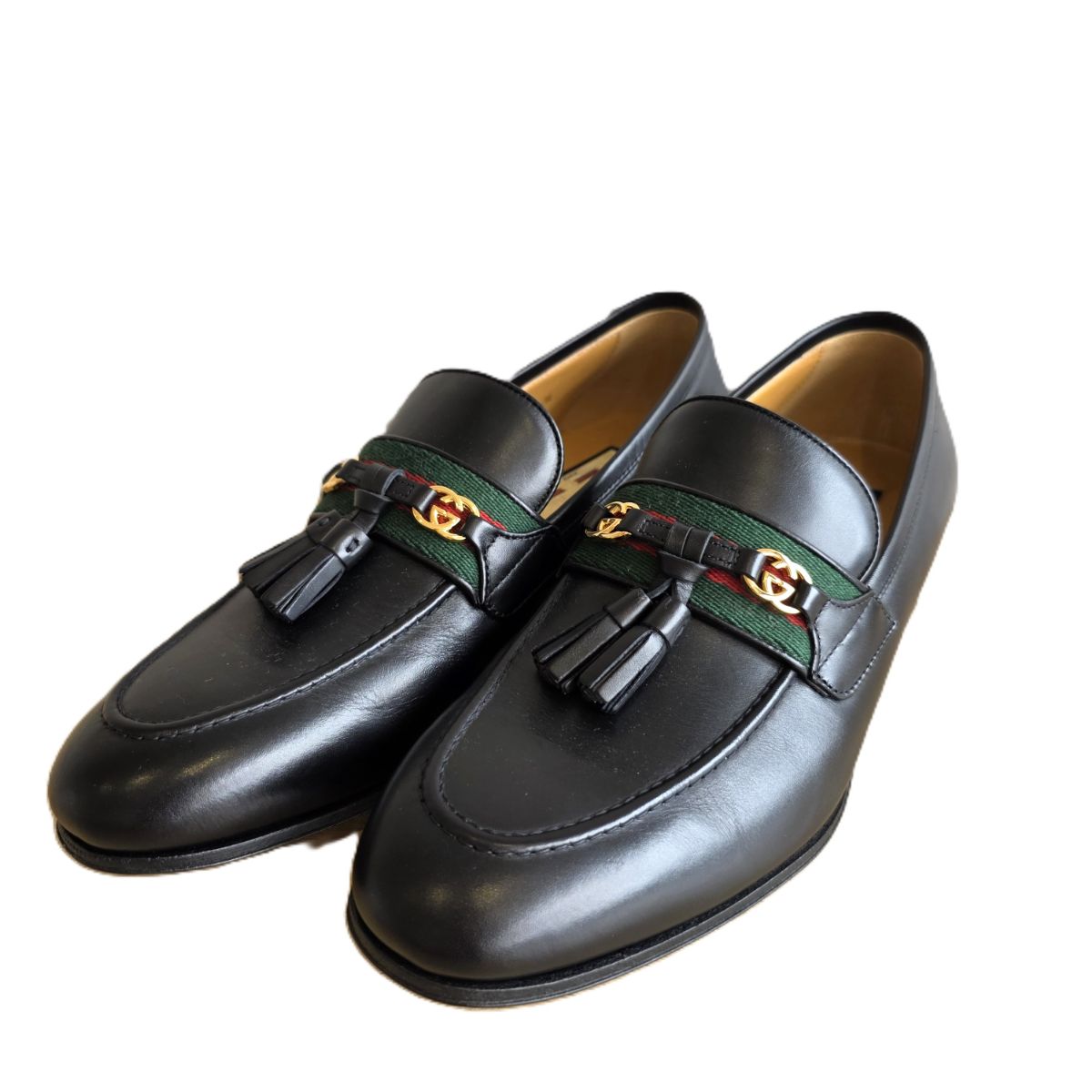 【値下げ】GUCCI グッチ インターロッキング ウェブライン タッセル 5.5 24.5cm ローファー 624316 13141 レザー ブラック メンズ【中古】