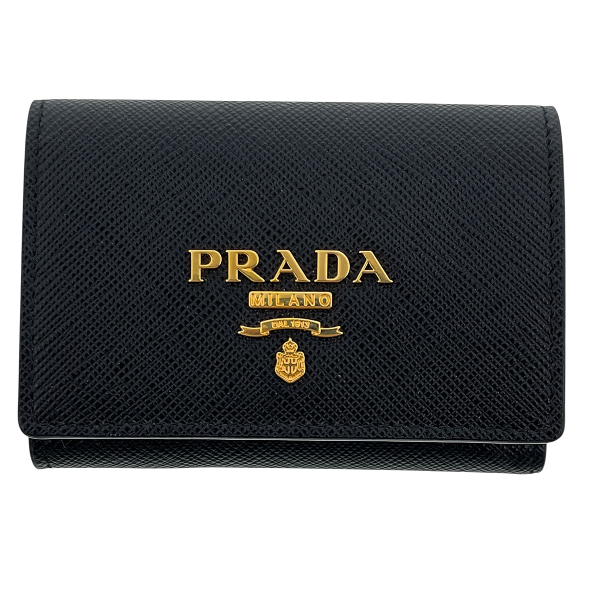 PRADA プラダ サフィアーノ 三つ折り紙入れ 1MH043 なめし革 黒いこと ゴールド レディース【中古】