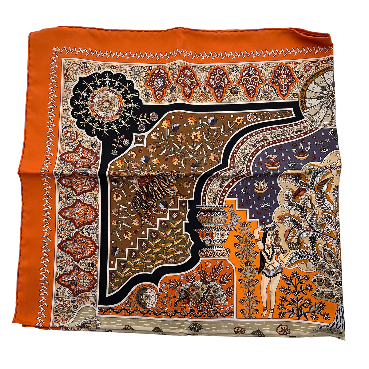 HERMES エルメス カレ 90 九重の天の扉 Aux Portes Du Paris えり巻き オレンジ色  レディース【中古】