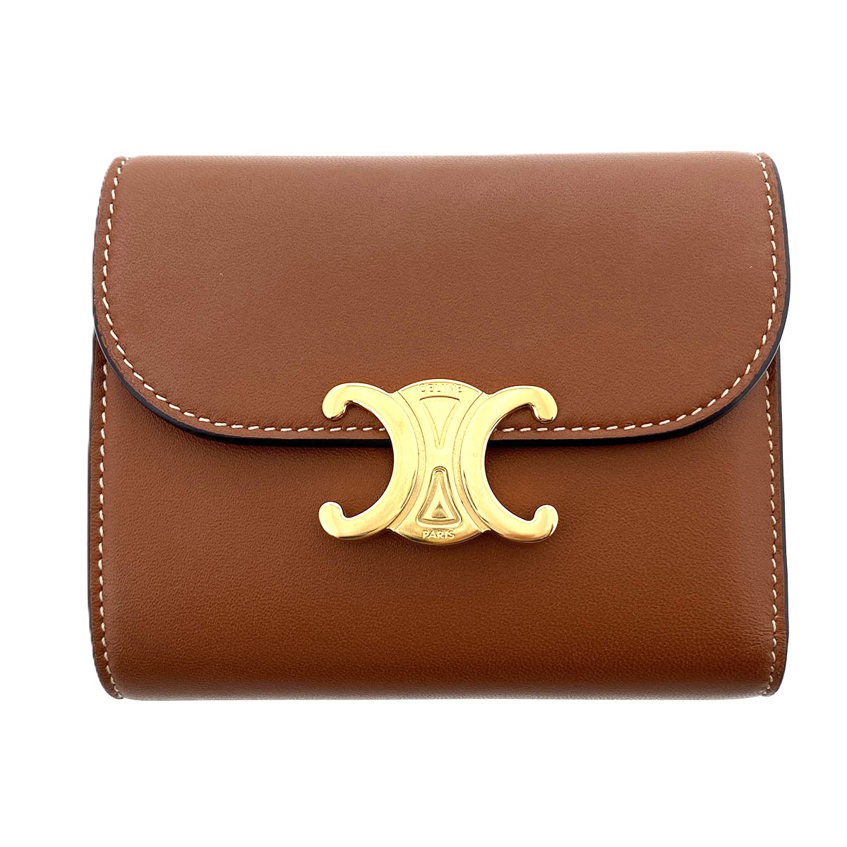 CELINE セリーヌ トリオンフ スモールフラップウォレット 三つ折り財布 10D783 ラムスキン ブラウン ゴールド金具 レディース【中古】
