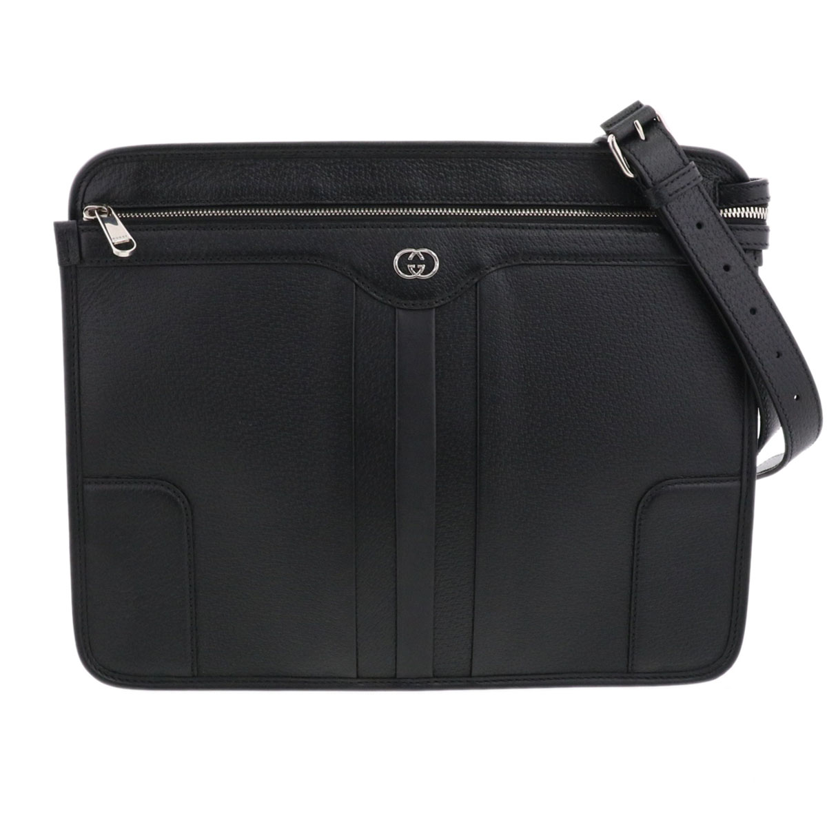 GUCCI グッチ インターロッキングG メッセンジャーバッグ ショルダーバッグ 735111 レザー ブラック シルバー金具 メンズ【中古】