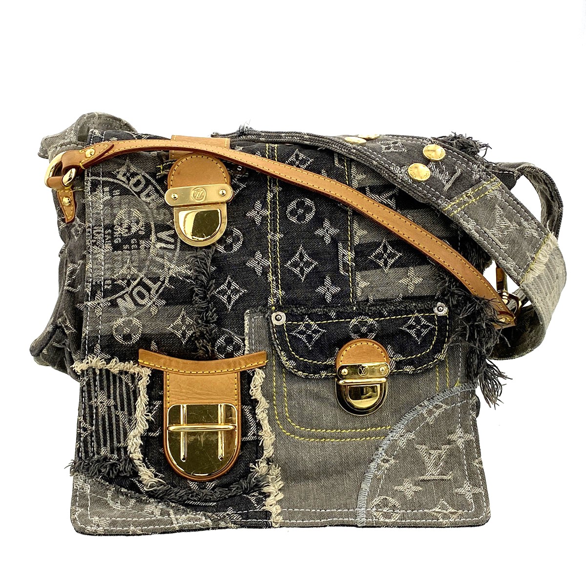 LOUIS VUITTON ルイ・ヴィトン ポスティー ショルダーバッグ M95375 モノグラムジーンズ パッチワーク 黒いこと 薄墨色 レディース【中古】