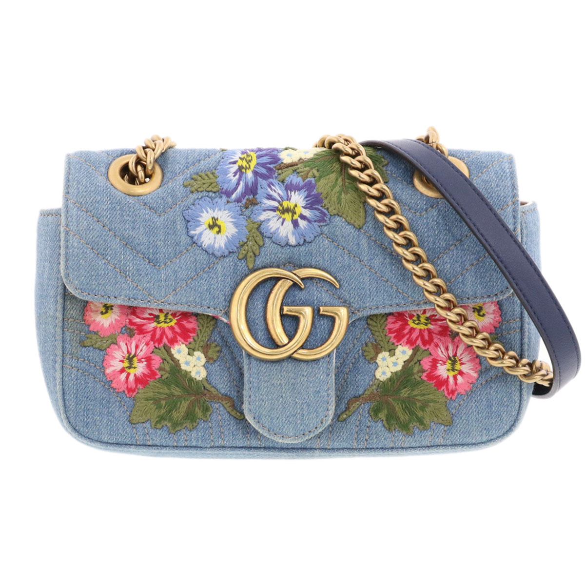 GUCCI グッチ GGマーモント ショルダーバッグ日本限定 446744 デニム フラワー刺繍 インディゴ ゴールド金具  レディース【中古】