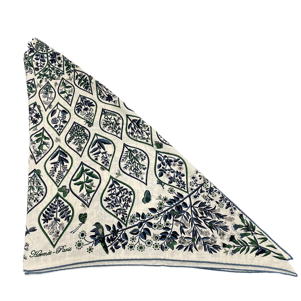 HERMES エルメス ３角形 ジェアン plantes officinales 袈裟 カシミール 地絹 ベージュ 【中古】