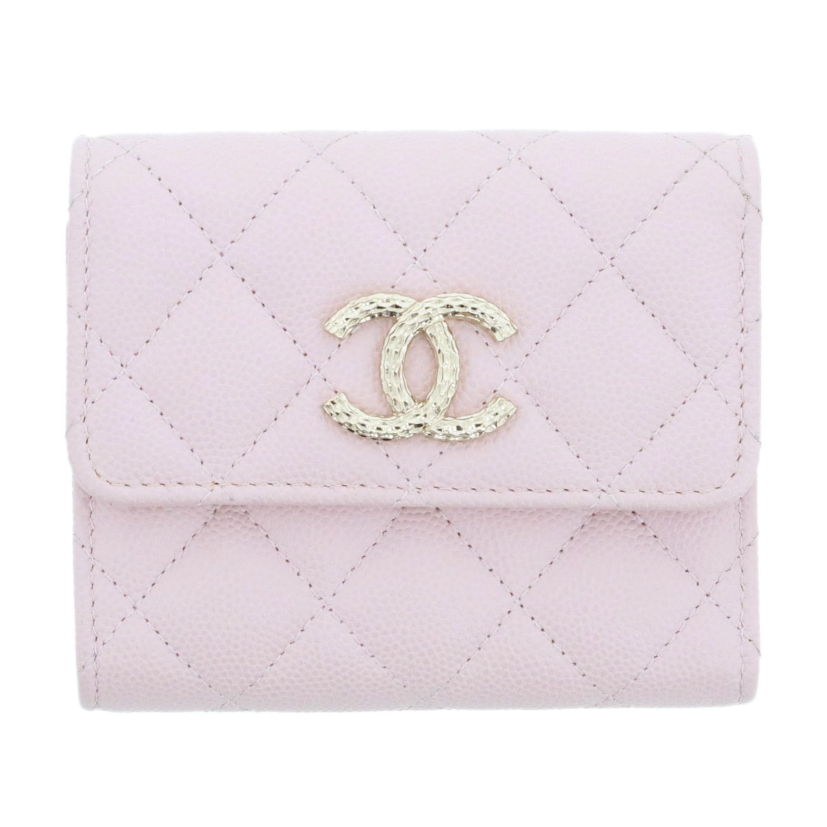 CHANEL シャネル ココマーク マトラッセ コンパクトウォレット 三つ折り金入れ AP4250 キャビアひと肌 さくら色 ゴールド金具  レディース【中古】