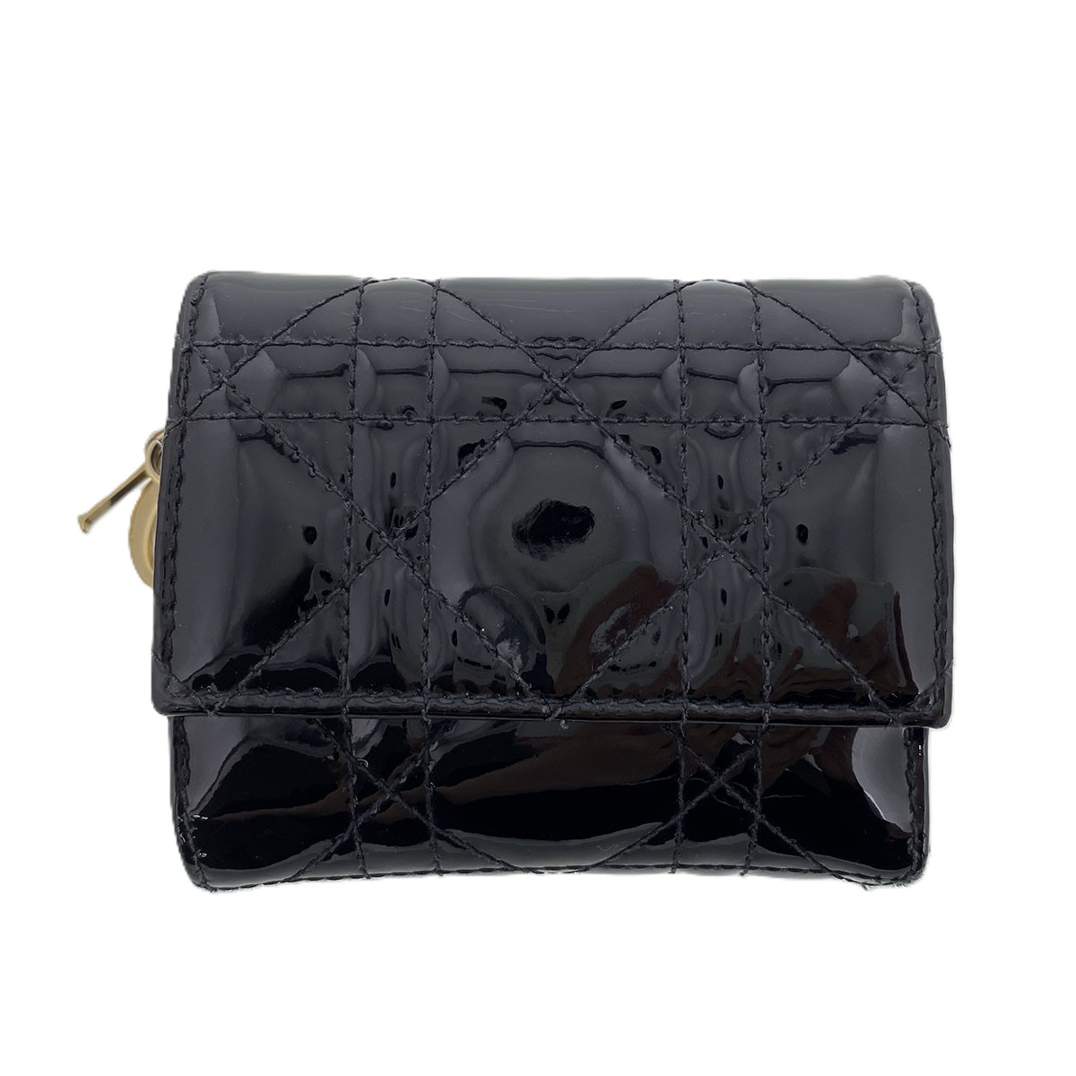 Dior クリスチャンディオール Lady Dior Lotus ウォレット 二つ折り紙入れ S0181OVRB_M900 専売特許なめし革 黒いこと  レディース【中古】