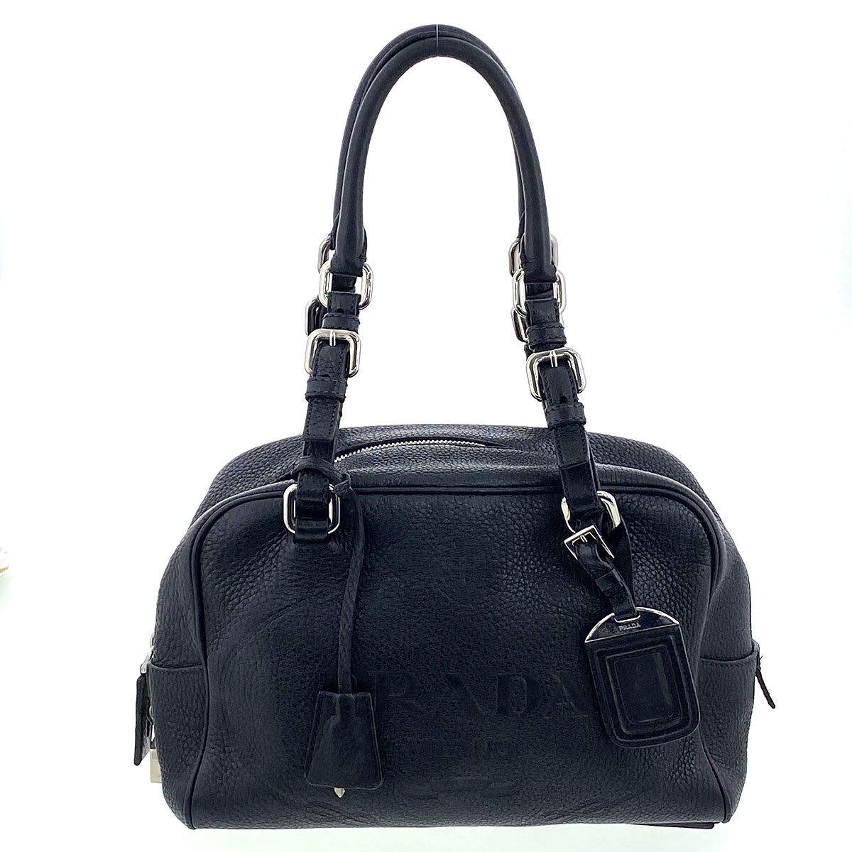 PRADA プラダ 型押しレザー ロゴ ミニボストン トートバッグ BR3091 レザー ブラック レディース【中古】|PAWNSHOP RiZ
