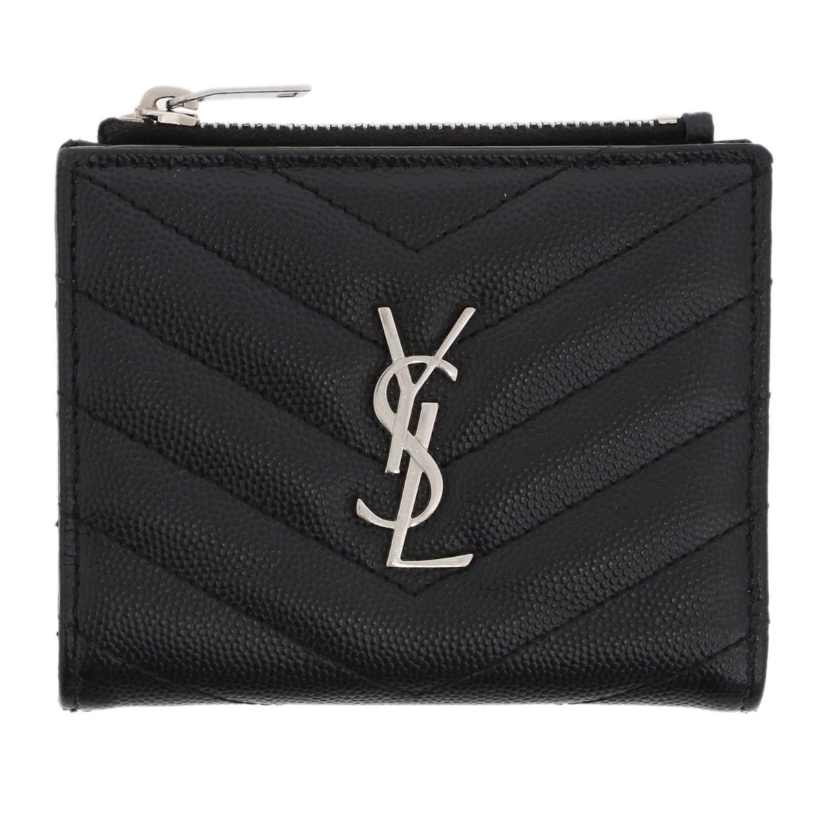 SAINT LAURENT PARIS サンローランパリ V編み目 コンパクトウォレット 二つ折り紙入れ 575879 なめし革 黒いこと しろがね色金具  レディース【中古】