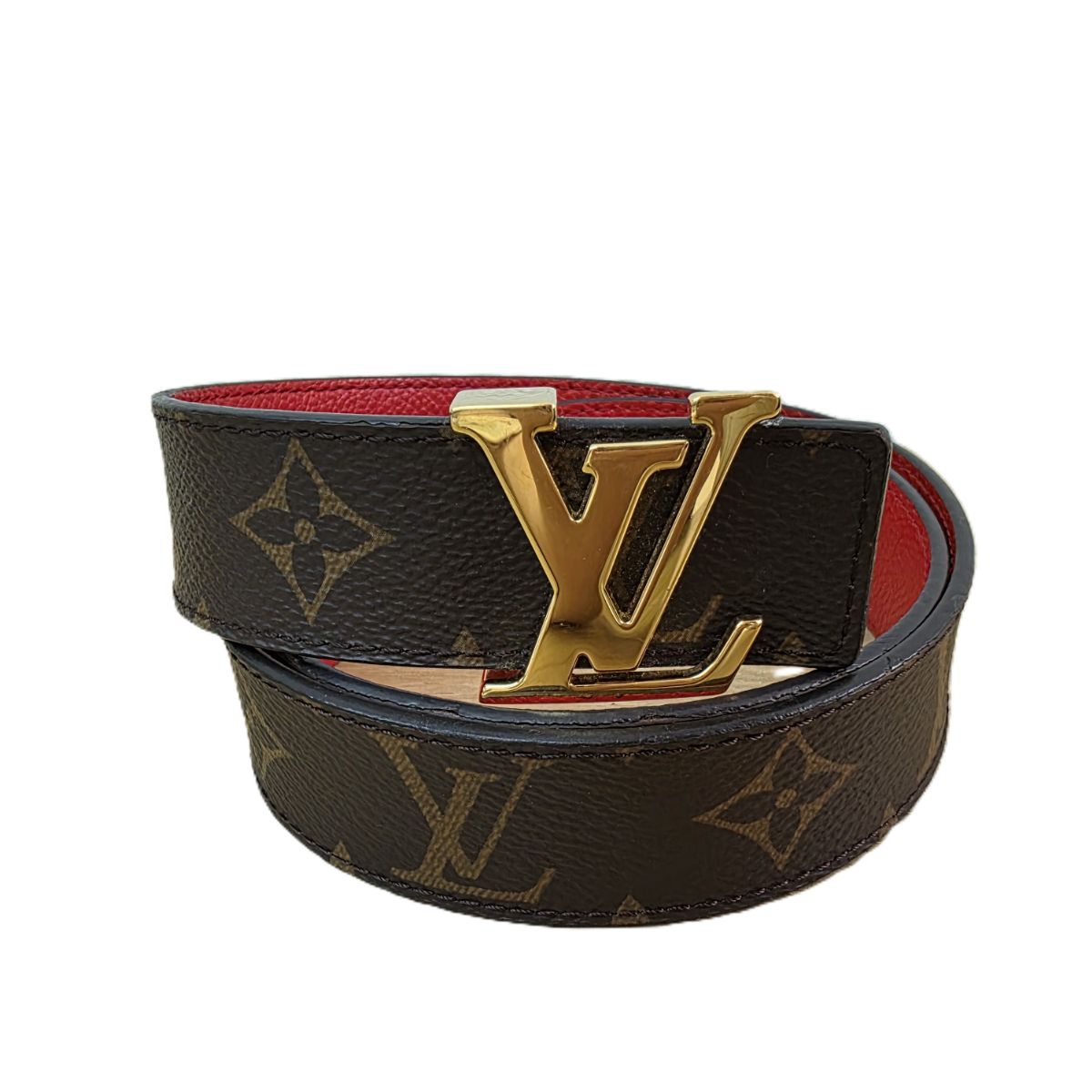 LOUIS VUITTON ルイ・ヴィトン サンチュール LVイニシャル 30MM リバーシブル ベルト M0322 モノグラム ブラウン レッド レディース【中古】｜PAWNSHOP　ＲｉＺ