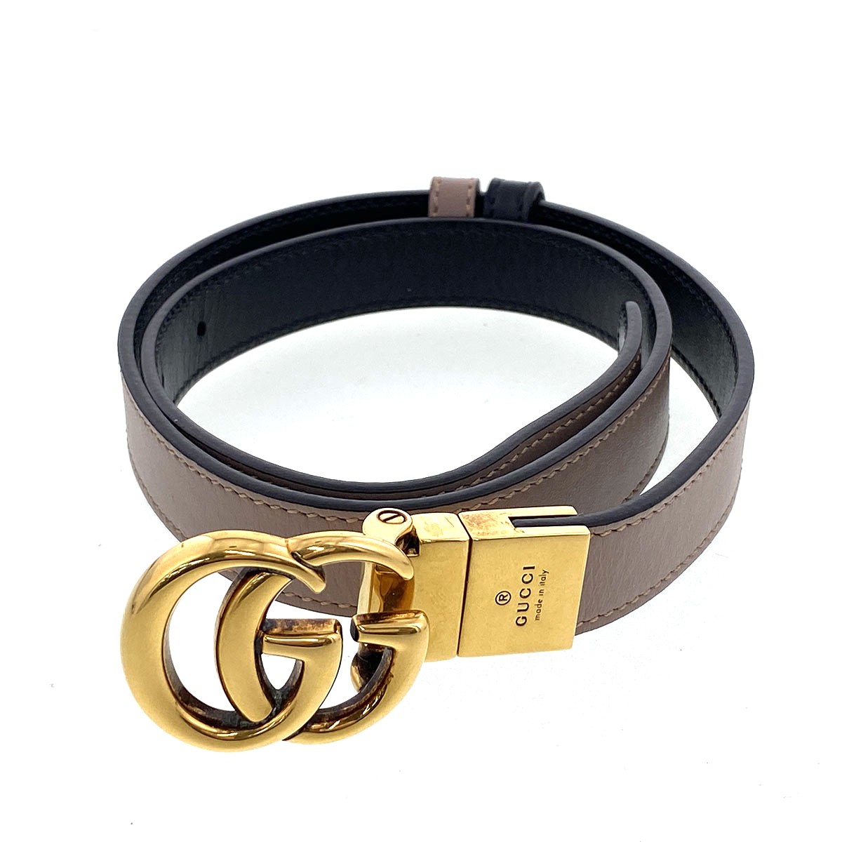 GUCCI グッチ リヴァーシブル か細い胴締め  胴締め 659418 なめし革 グレージュ 黒いこと ゴールド金具  レディース【中古】