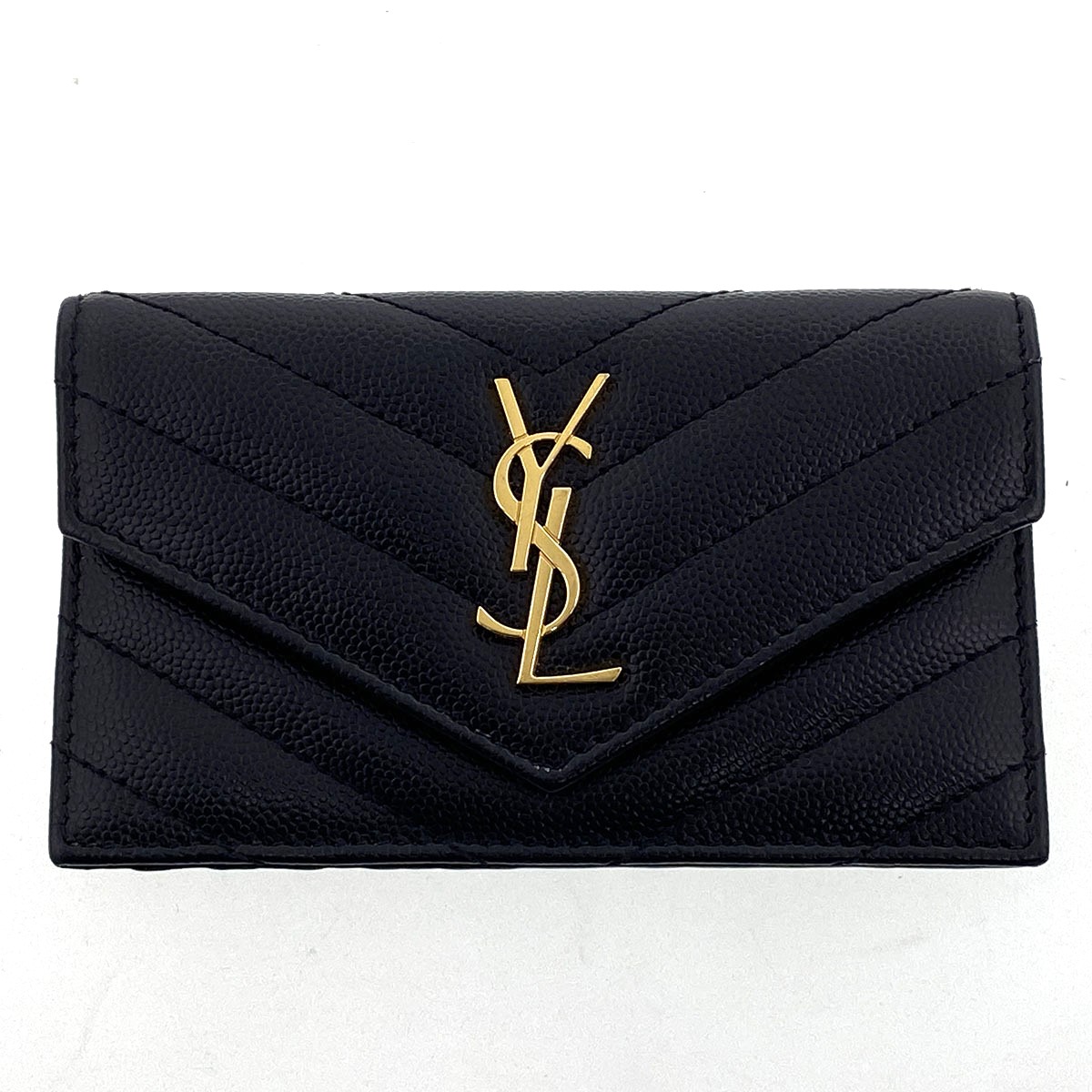 SAINT LAURENT サンローラン V編み目 フラグメントケース コインケース 612808 なめし革 黒いこと ゴールド金具  レディース【中古】
