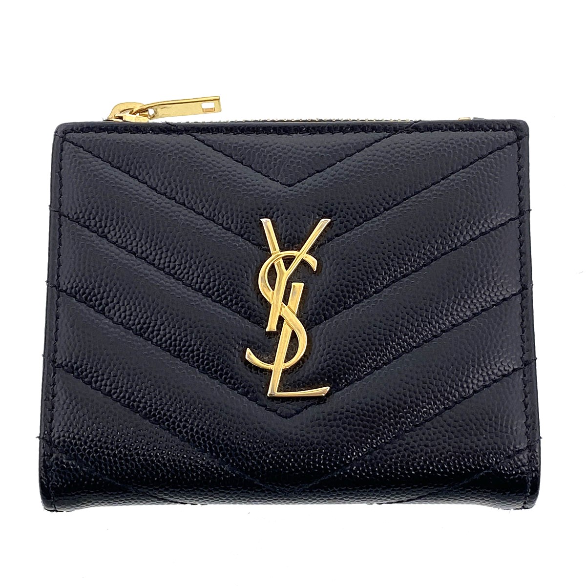 SAINT LAURENT サンローラン V編み目 コンパクトウォレット 紙入れ 二つ折り紙入れ 575879 なめし革 黒いこと ゴールド金具  レディース【中古】