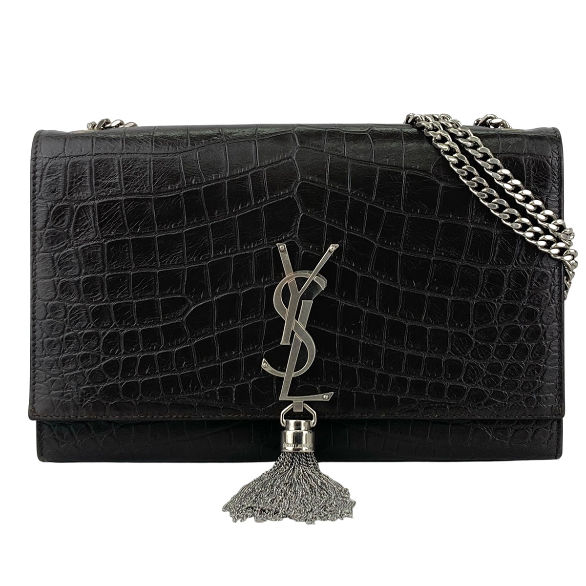 SAINT LAURENT PARIS サンローランパリ クロコ型押し ケイト タッセル  スモール チェーン店 ショルダーバッグ 474366 なめし革 黒いこと しろがね色  レディース【中古】