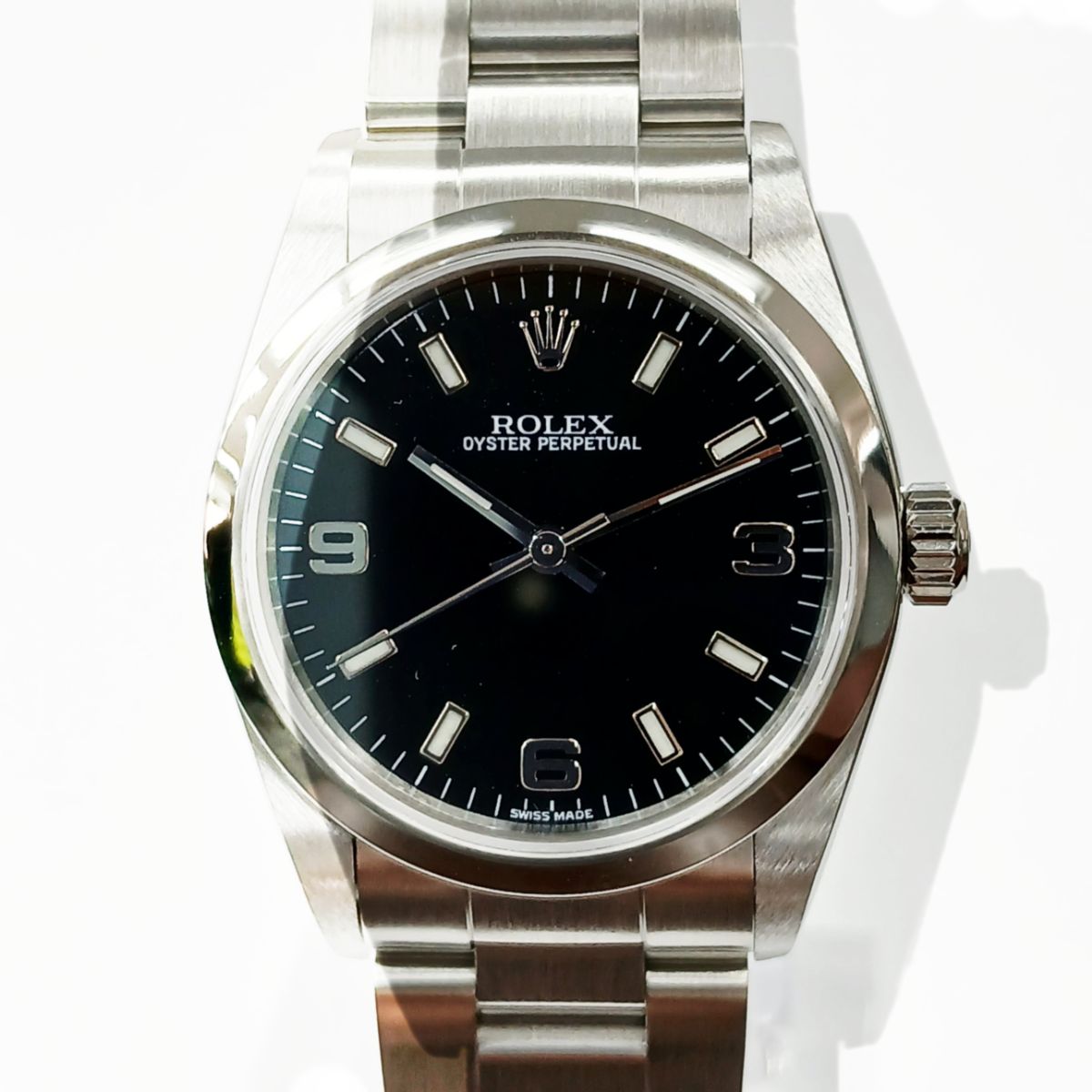 ROLEX ロレックス オイスターパーペチュアル  Black 369 31粍 ウオッチ 77080 ステンレス鋼スチール写真 しろがね色 黒いこと  ボーイズ【中古】