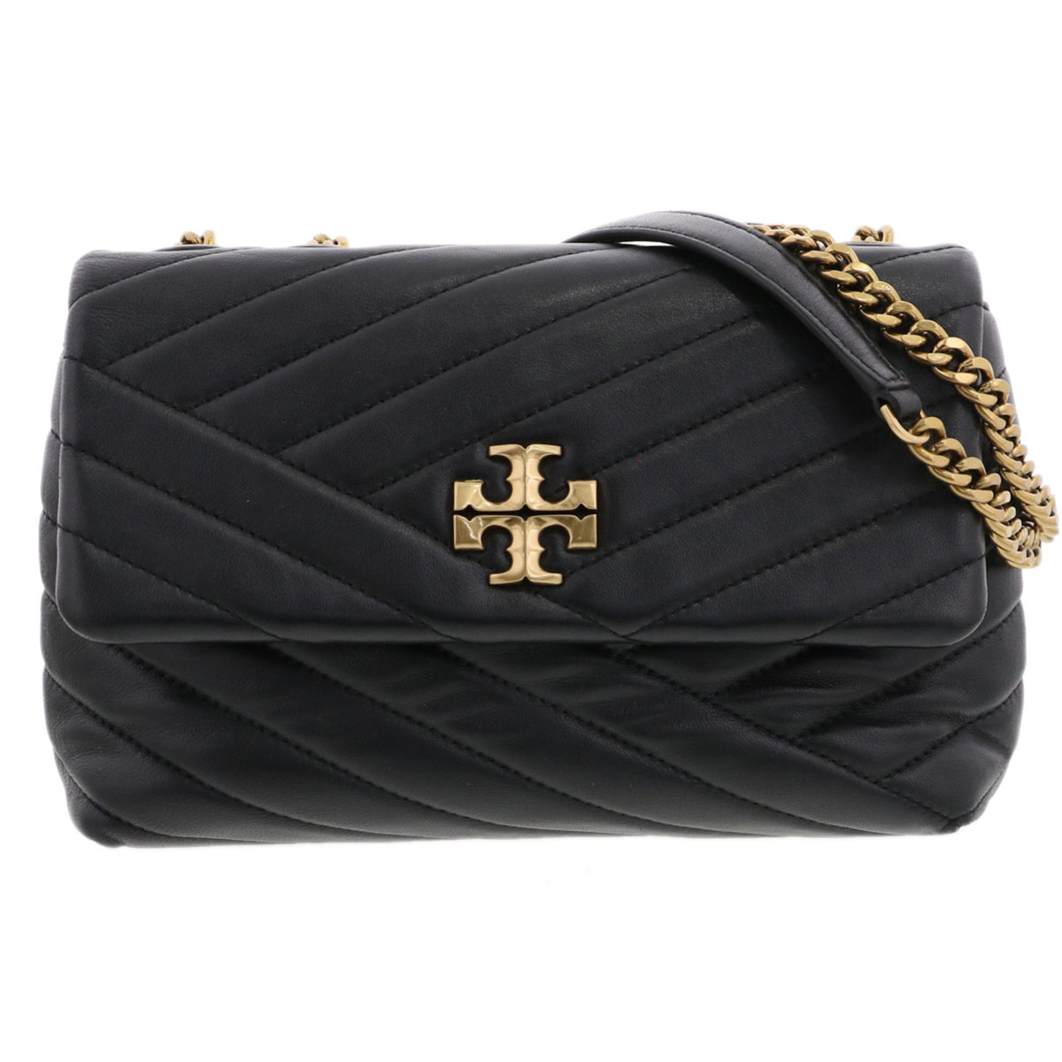Tory Burch トリーバーチ キラ シェブロン スモール ショルダーバッグ 90452 なめし革 黒いこと ゴールド レディース【中古】