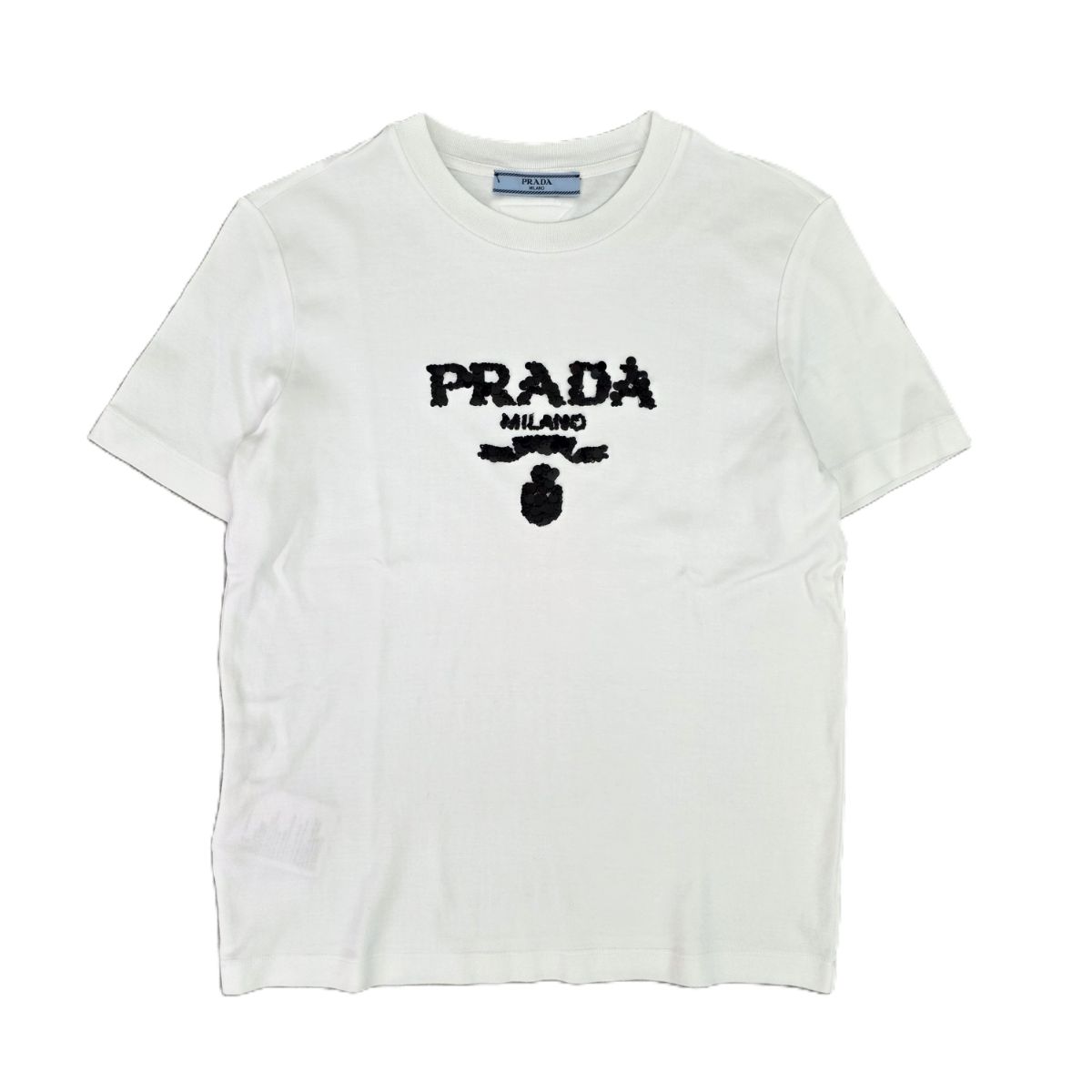 PRADA プラダ スパンコール  ロゴタイプ 刺しゅう 労働者の一団のど首 半袖Ｔシャツ 35838R 綿織物 白いこと  レディース【中古】