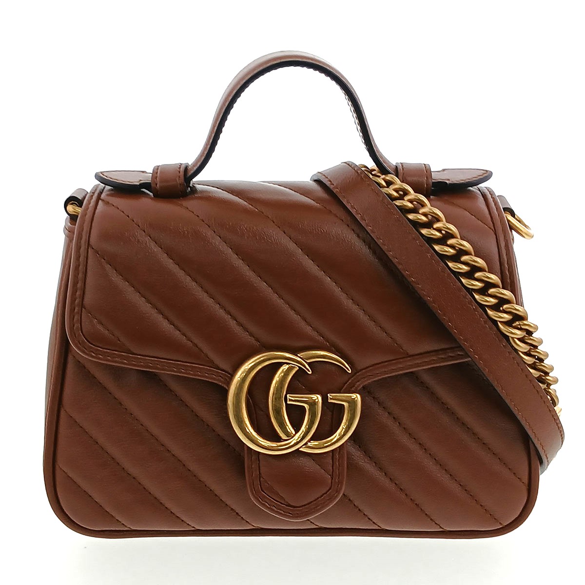 GUCCI グッチ GGマーモント ミニいの一番  手持ち部分御徒面子 ハンドバック 583571 なめし革 赤銅色 ゴールド金具  レディース【中古】