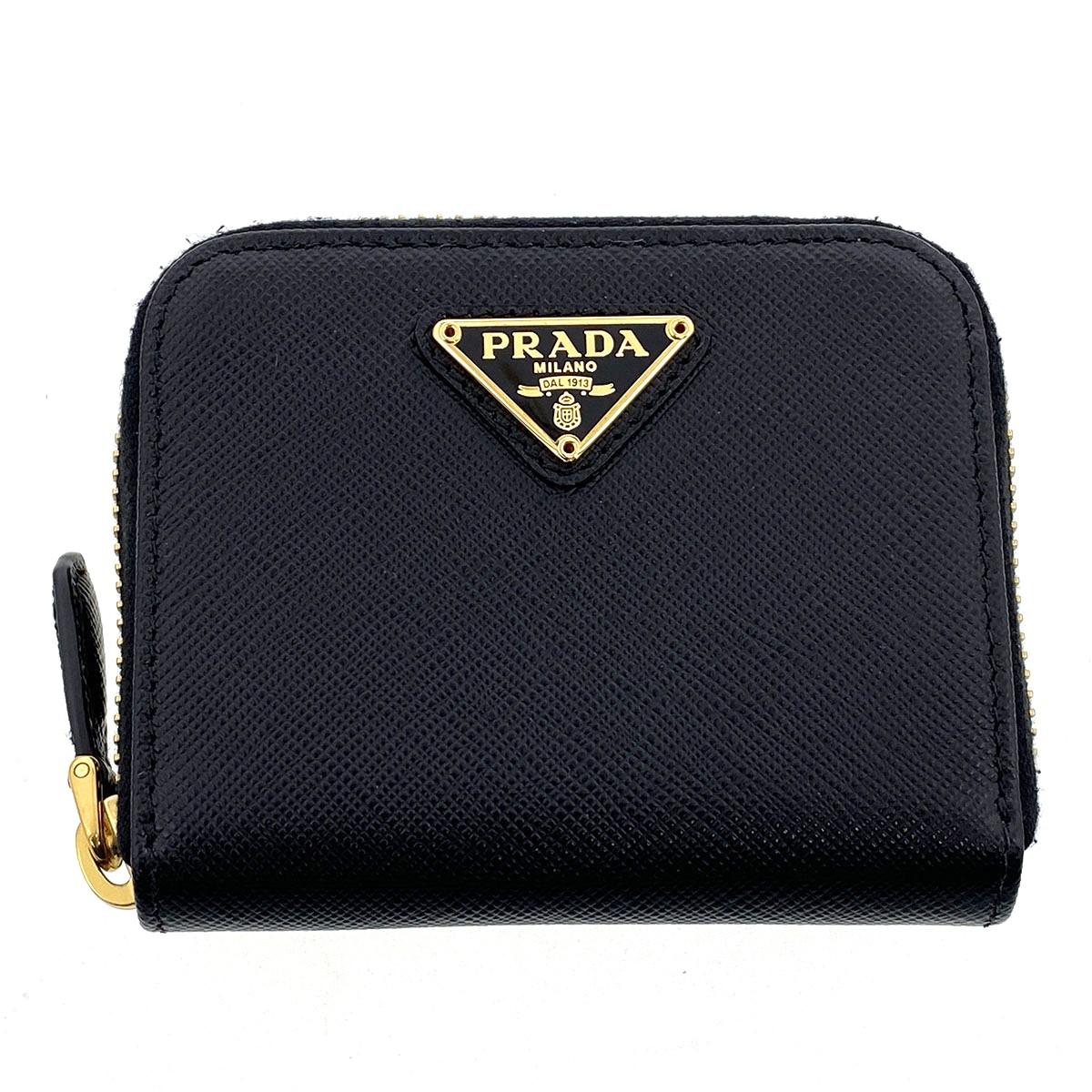 PRADA プラダ ３角形ロゴタイプ ラウンドコインケース コインケース 1MM268 なめし革 黒いこと ゴールド金具  レディース【中古】