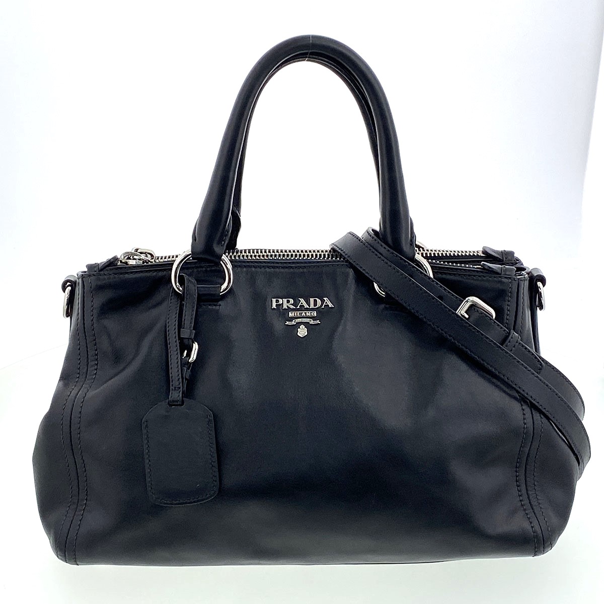 PRADA プラダ 2WAY なめし革 トートバッグ ハンドバック BN2866 なめし革 黒いこと しろがね色金具  レディース【中古】