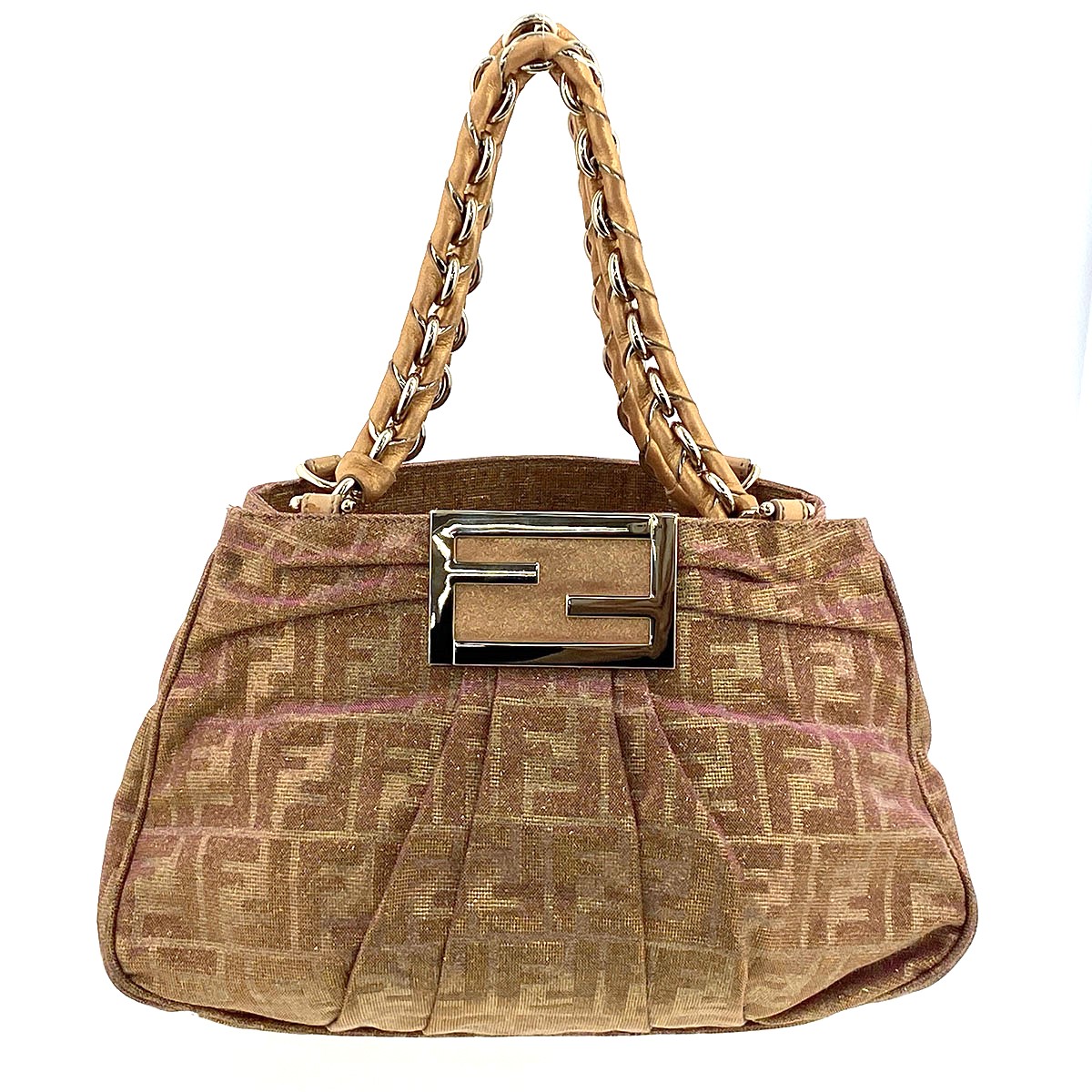 FENDI フェンディ ミア チェーン店ショルダーバッグ ショルダーバッグ 8BR615 帆布 さくら色 ゴールド金具  レディース【中古】