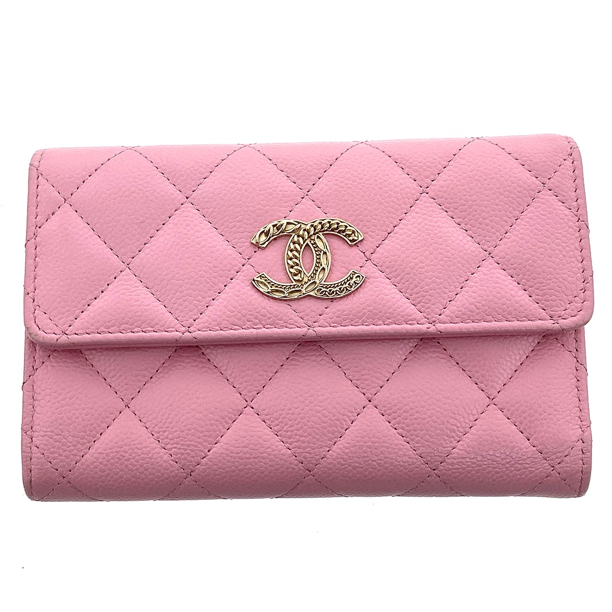 CHANEL シャネル 並み並み 下げ翼 ウォレット キャビアひと肌 三つ折り金入れ AP3051 キャビアひと肌 さくら色 ゴールド金具  レディース【中古】