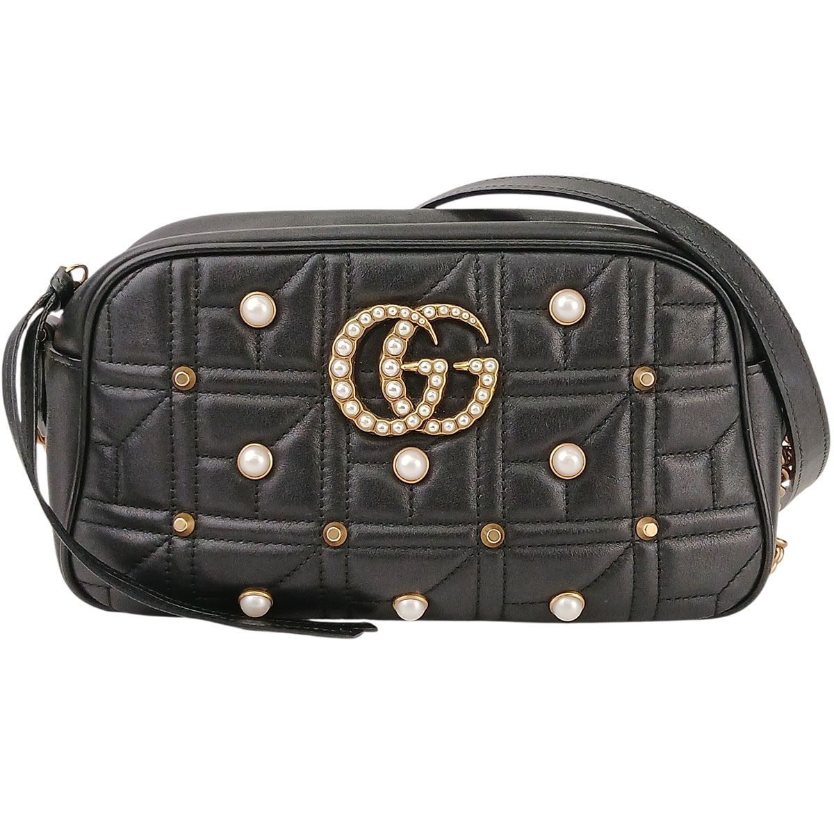 GUCCI グッチ GGマーモント パール スタッズ スモール カメラバッグ チェーンバッグ ショルダーバッグ 447632 レザー ブラック レディース【中古】｜PAWNSHOP　ＲｉＺ