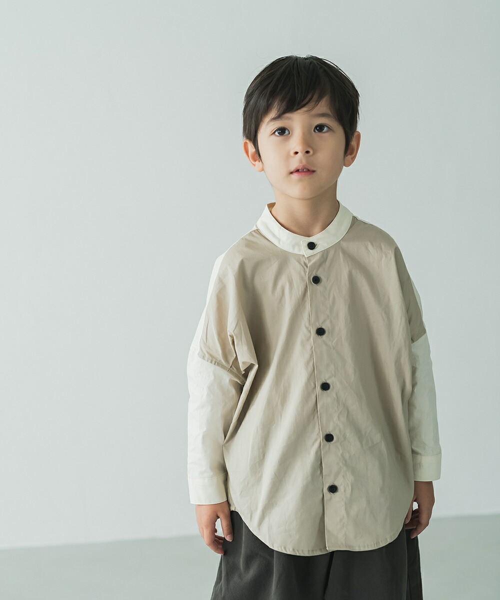 ピュアコットンバンドカラー配色シャツ トップス 女の子 男の子 90-150 キッズ リジェール 子供服 こども服 Kids 春 秋 冬 おしゃれ  オシャレ ジュニア カジュアル ナチュラル シンプル トップス シャツ 長袖 無地 バッグ・小物・ブランド雑貨