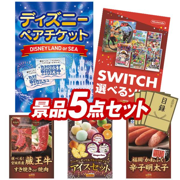 景品 5点セット 特大パネル 豪華目録 ビンゴ 結婚式 披露宴 二次会 忘年会 新年会 ゴルフコンペ 景品セット 【ディズニーペアチケット、選べる！Switchゲームソフト】 送料無料 特大パネル 豪華目録付き