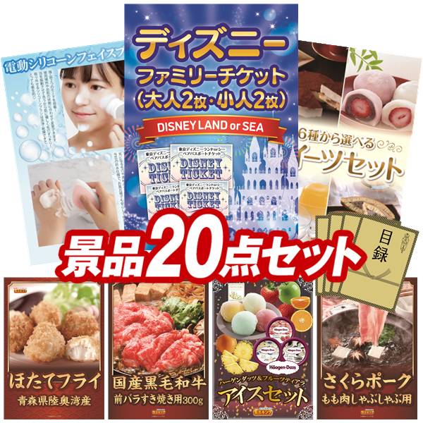 景品 20点セット 特大パネル 豪華目録 ビンゴ 結婚式 披露宴 二次会 忘年会 新年会 ゴルフコンペ 景品セット 【ディズニーファミリーチケット(大人2枚 小人2枚)、ドリテック 電動シリコーンフェイスブラシ】 送料無料 特大パネル 豪華目録付き|景品キング