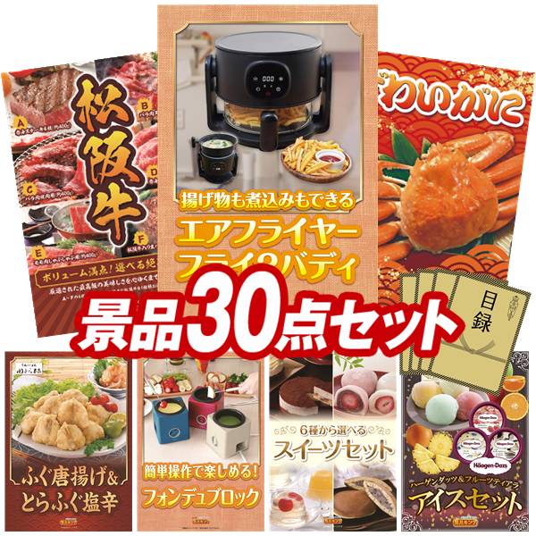 景品 30点セット 特大パネル 豪華目録 ビンゴ 結婚式 披露宴 二次会 忘年会 新年会 ゴルフコンペ 景品セット 【エアフライヤー「フライ2バディ」、選べる一品景品【松阪牛】】 送料無料 特大パネル 豪華目録付き|景品キング