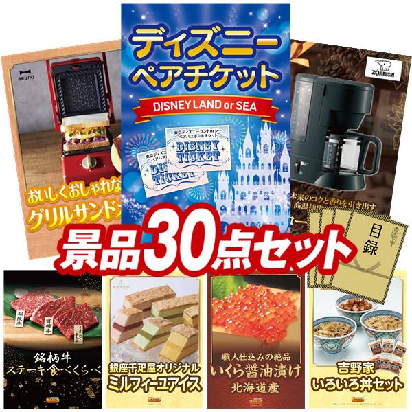 景品 30点セット 特大パネル 豪華目録 ビンゴ 結婚式 披露宴 二次会 忘年会 新年会 ゴルフコンペ 景品セット 【ディズニーペアチケット、グリルサンドメーカー シングル】 送料無料 特大パネル 豪華目録付き|景品キング