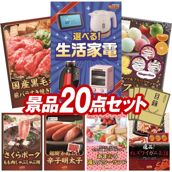 景品 20点セット 特大パネル 豪華目録 ビンゴ 結婚式 披露宴 二次会 忘年会 新年会 ゴルフコンペ 景品セット 【選べる生活家電、国産黒毛和牛前バラすき焼き用300g】 送料無料 特大パネル 豪華目録付き 38,025円
