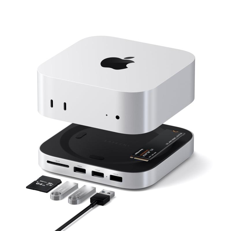 SATECHI Mac Mini M4 ハブ & スタンド NVMe SSD エンクロージャー搭載｜M4 Mac Mini ドッキングステーション 最大10Gbps 高速データ転送 USB-A x2・USB-Aデータポート・SDカードリーダー対応