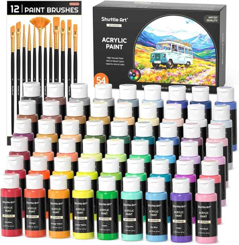 Shuttle Art アクリル絵の具 セット 筆12本付き 絵の具セット 大容量 60ml 速乾 耐水 耐久 伸びがいい 鮮やか メタリック 蛍光色 ボトル イラスト 塗り絵 クラフト DIY手作り トールペイント キャ