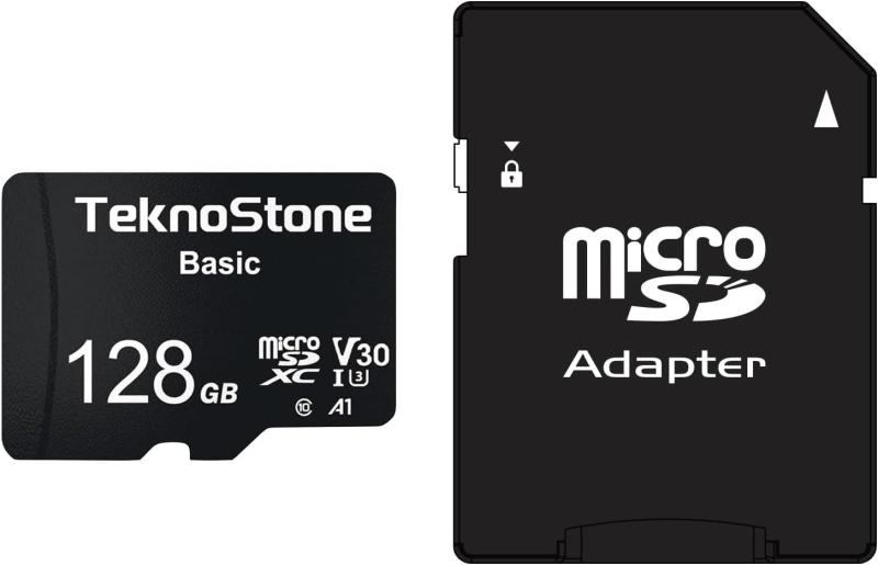 TeknoStone microSDXC 記憶装置歌留多 128GB フルサイズアダプタ付き添い人 A1 U3 Class10 読み込み速力度最大限度90MB/秒 黒いこと