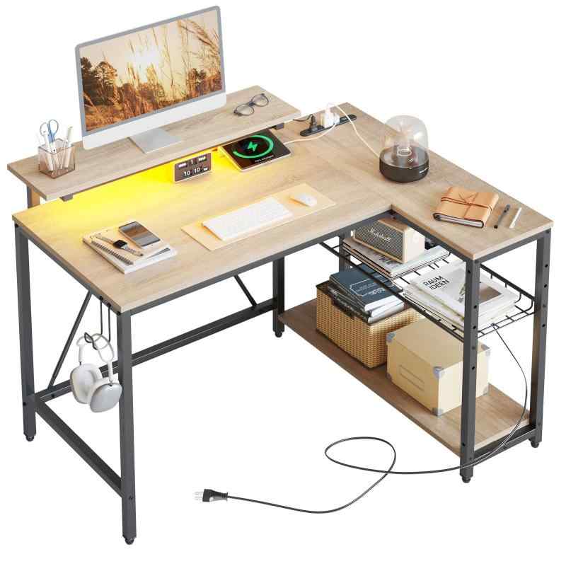 Bestier l字デスク ゲーミングデスク LED付き 幅107cm コンセント付き パソコンデスクL字型 デスク 机 ライトオーク