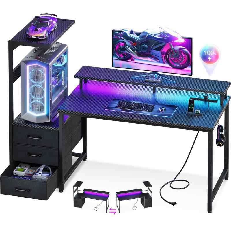 AODK ゲーミングデスク パソコンデスク コンセント&LED付き 幅130cm 机 pcデスク ゲームデスク gaming desk 引き出し＆モニター台付き ゲーミングテーブル 棚付き 左右入れ替え対応 カーボン調