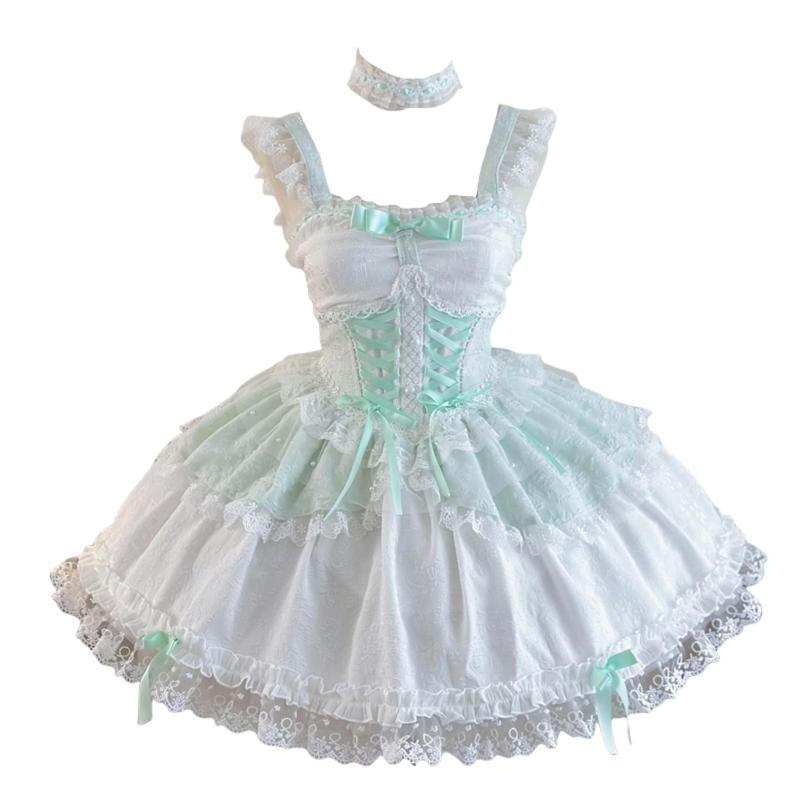 [トクとユウ] ロリータ JSK ワンピース ゴスロリ 森ガール ジャンパースカート レース 編みこみ ネックレス ミニ ゴシック風 お姫様 可愛い リボン レース 森ガール アニメ ハロウィン 学園祭