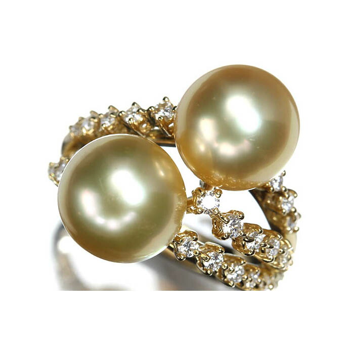 ≪Pearl≫ ゴールデンパール 大粒2粒 約10.0ｍｍ珠 上質ダイヤモンド K18 高級リング 18号 白蝶真珠 パール ダイヤ リング 指輪 ソーティング付