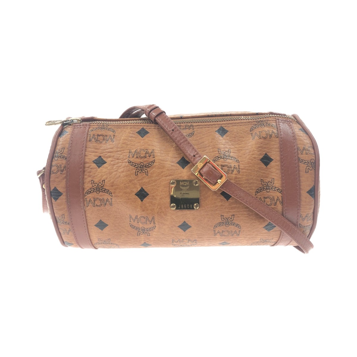 〇〇【中古】MCM エムシーエム ロゴグラム ショルダーバッグ 斜め掛け 筒型 ブラウン Bランク