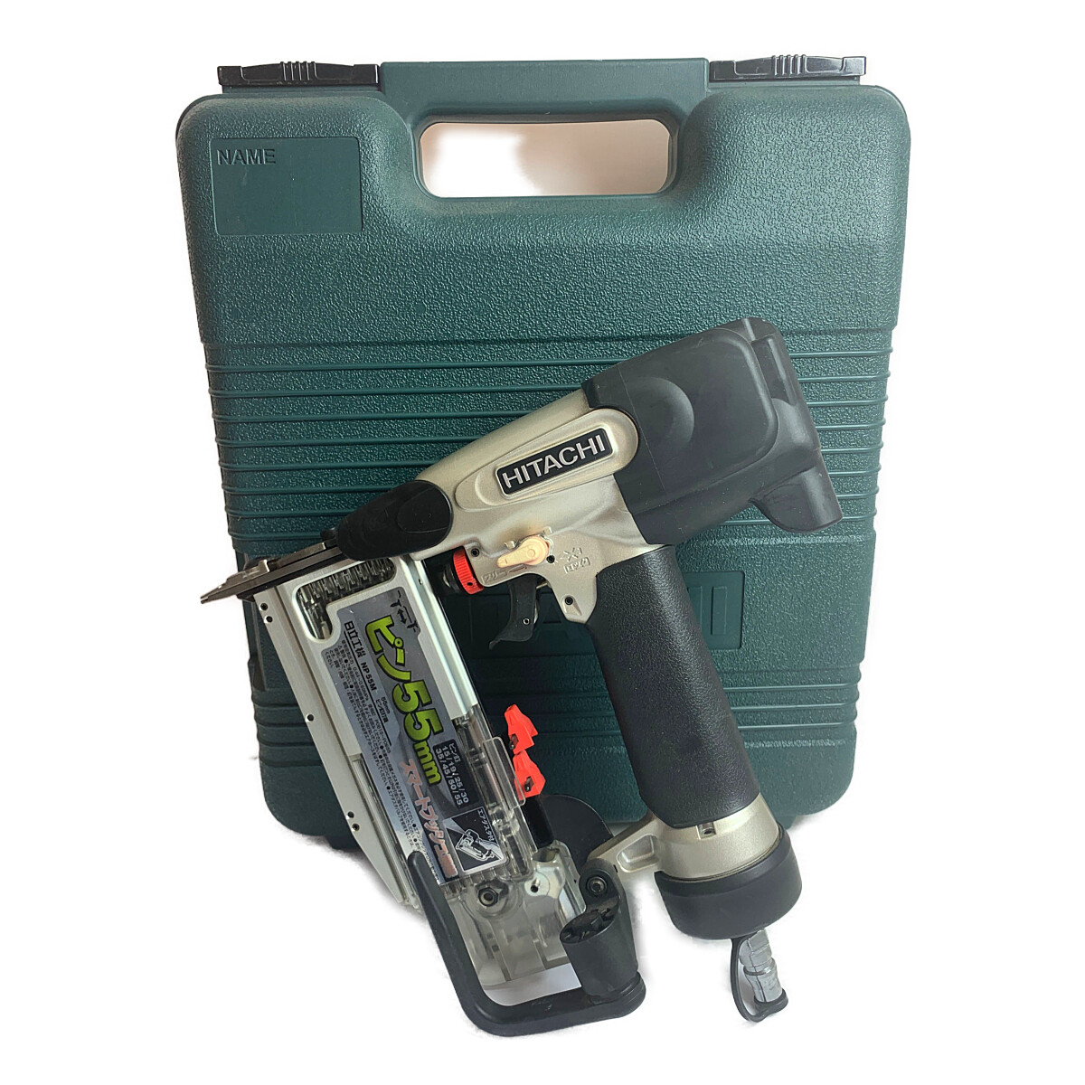 【中古】HITACHI 日立 55粍 ピン釘打機 眼鏡、容れもの付 NP55M つまみ分け取りに日焼、ヒビあり S序列付ける