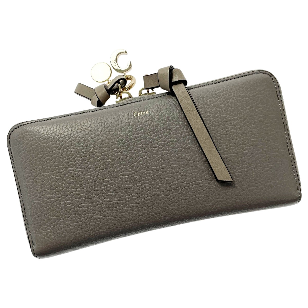 【中古】Chloe クロエ ラウンドファスナー財布 グレー レザー ゴールド金具 レディース 布袋有 Bランク