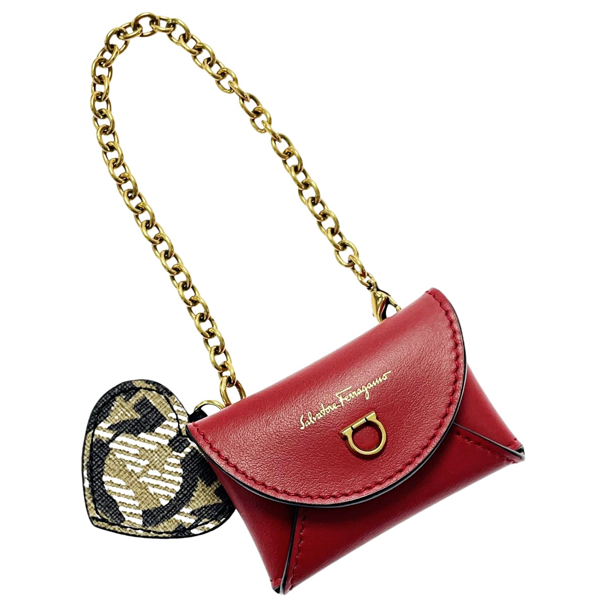☆☆【中古】Salvatore Ferragamo サルヴァトーレフェラガモ ガンチーニ レッド系 レター型 バッグチャーム レザー ゴールド金具 箱有 Bランク