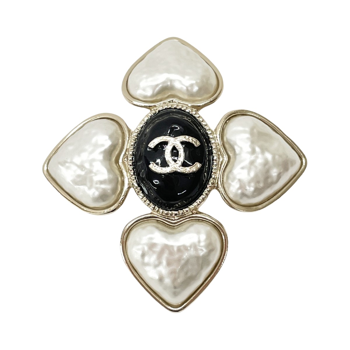 ☆☆【中古】CHANEL シャネル ハート ブローチ AB7517 ゴールド×ホワイト×ブラック ココマーク フェイクパール レディース Bランク